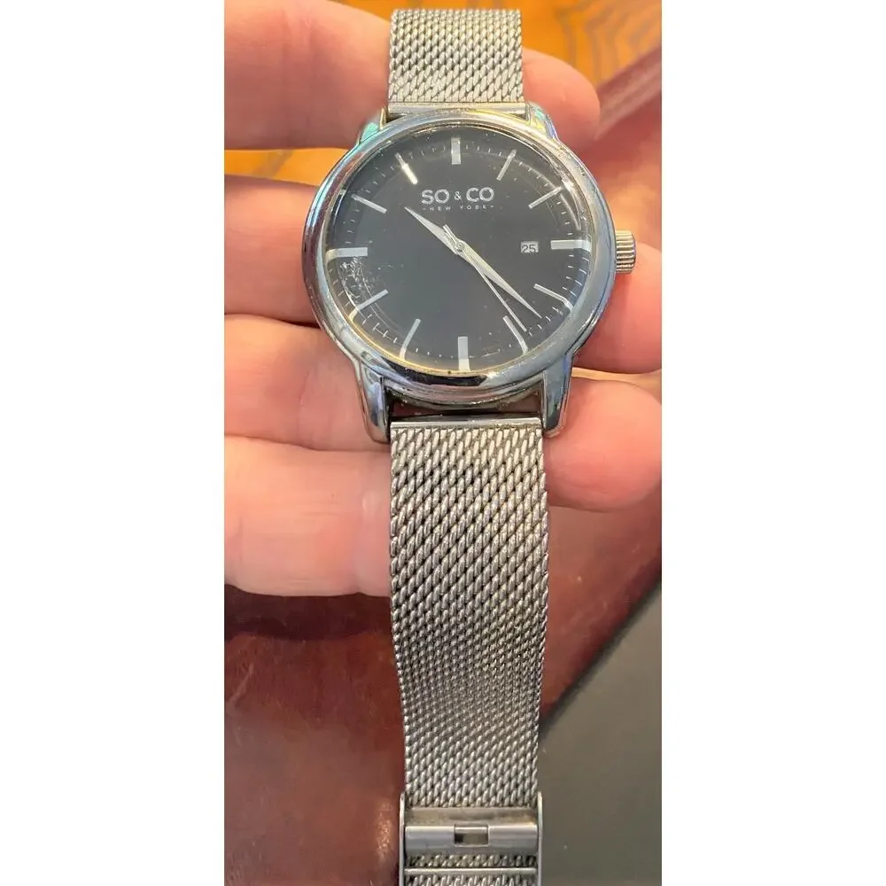 Men's 42mm silver Tone SO & CO watch, Adjustable Mesh Band, Date